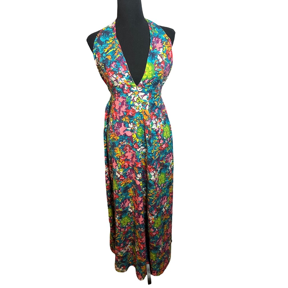 Free People Extratropical Maxi Dress Floral Halter Open Back Multi Color Size M